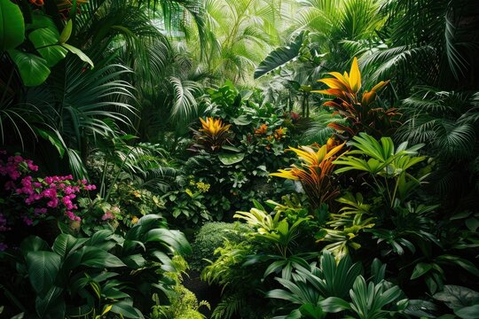 A captivating photo capturing the vibrantly green forest teeming with a variety of flourishing plants, A lush tropical jungle with vibrant greenery, AI Generated