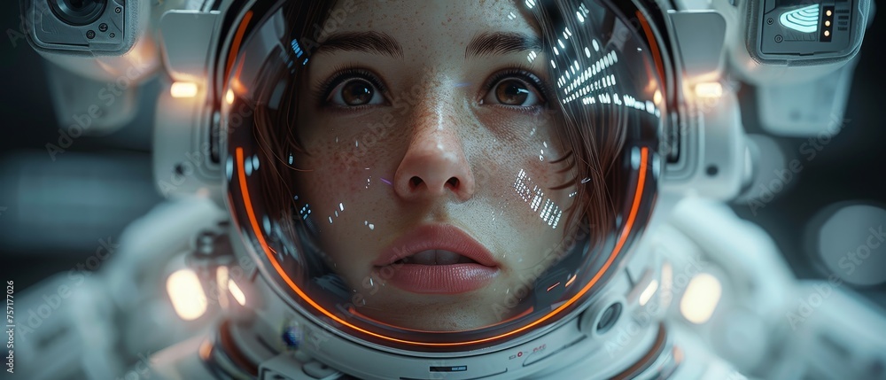 Poster Trader robot AI analyses chart of stock exchange market. Woman robot trader assistant on forex market. Robot trader develops trading strategy on stock exchange market.