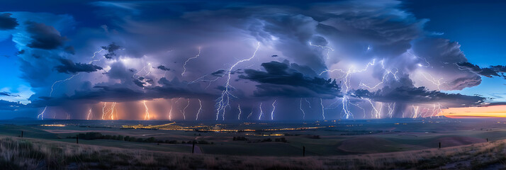 A dramatic lightning storm illuminating the night sky, with jagged bolts of electricity dancing across the horizon.