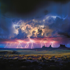 A dramatic lightning storm illuminating the night sky, with jagged bolts of electricity dancing across the horizon.