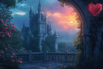 Painting of Castle With Heart in Foreground, Majestic Medieval Architecture With Symbol of Love, A magical fairy-tale castle backdrop for a Valentine's Day scene, AI Generated