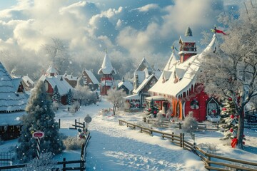 Naklejka premium A peaceful village nestled in a winter wonderland, blanketed by a thick layer of snow, A magical landscape of Santa's village in the North Pole, AI Generated