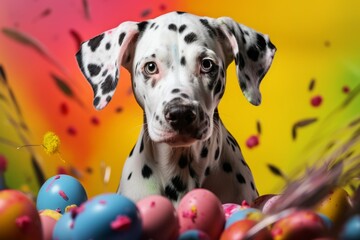 A Dalmatian Puppy Playing with Paint and Easter Eggs
