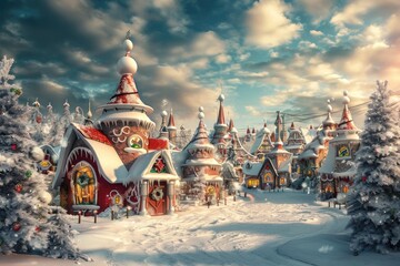 Experience the magic of the holiday season with a charming Christmas village blanketed in snow, A magical landscape of Santa's village in the North Pole, AI Generated - obrazy, fototapety, plakaty