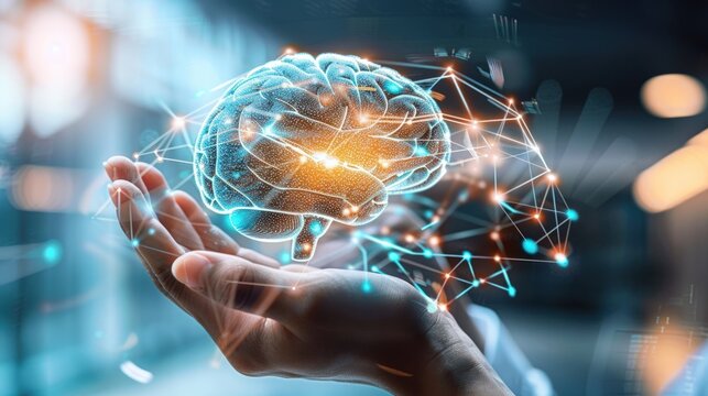 Hand holding brain with technology concept. Generate AI image