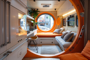 Modern compact living space design. Futuristic mobile home with smart use of small interior area. Tiny house movement and sustainable living concept - obrazy, fototapety, plakaty