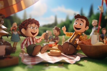 Paperboard Cutouts of Happy People in Cartoon Style at a Picnic