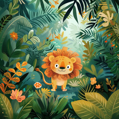 Vibrant jungle scene featuring playful lion illustration