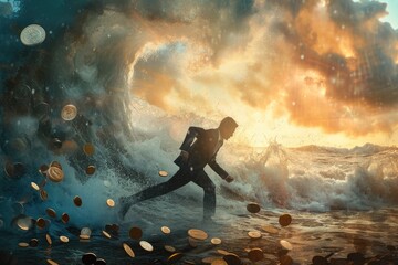 A determined man fearlessly runs through an enormous wave crashing onto the shore, A man running away from a giant wave of coins representing the fear of inflation, AI Generated