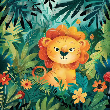 Energetic lion in lively jungle setting digital art