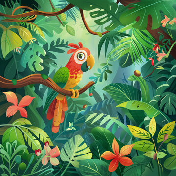 Colorful jungle scene with playful parrot digital art