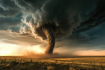 A large and powerful tornado cloud looms menacingly over an expansive field, posing a threat to the nearby surroundings, A massive twister ripping across open plains, AI Generated - obrazy, fototapety, plakaty