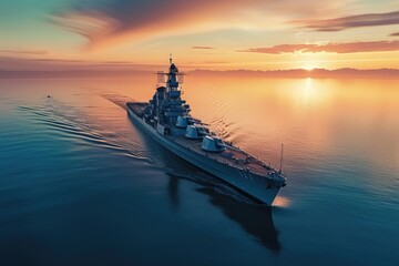 A mammoth vessel gracefully navigates the wide open sea, A massive and fearless battleship cruising on a crystal clear ocean during sunset, AI Generated - obrazy, fototapety, plakaty