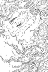 Artistic representation of a woman's face engulfed in abstract flowing lines, conveying a sense of dreaminess and fluidity, coloringpage