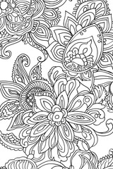 Detailed and ornate floral patterns with leaves, flowers, and decorative elements in a refined black and white style, coloringpage