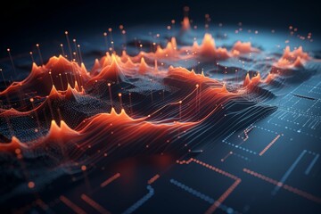 A futuristic infographic with 3D wave points and glowing lines forming a complex pattern of shapes and colors - obrazy, fototapety, plakaty