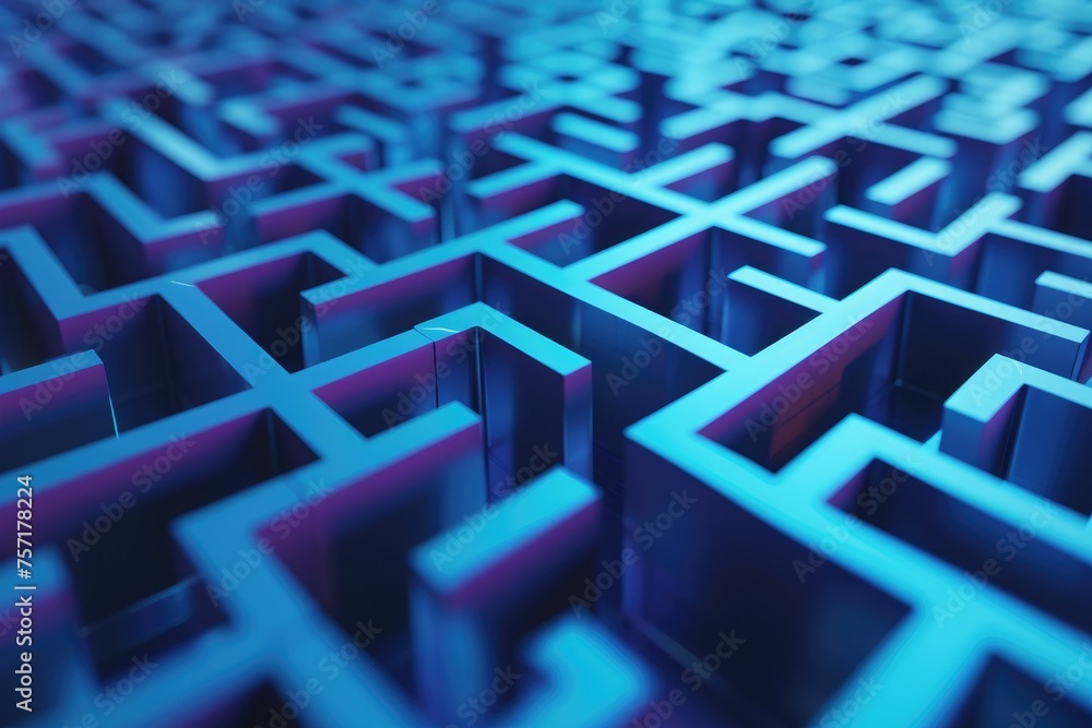 Poster a detailed close-up of a blue and purple maze showcasing the complex network of paths and the diffic