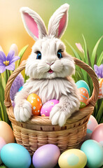 A cute rabbit in a basket, with eggs and flowers.Easter. Template for a postcard, banner, Illustration for the design,banner with empty space for text