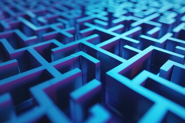 A detailed close-up of a blue and purple maze showcasing the complex network of paths and the difficulty of finding a way out, A maze made of blockchain elements, AI Generated - obrazy, fototapety, plakaty
