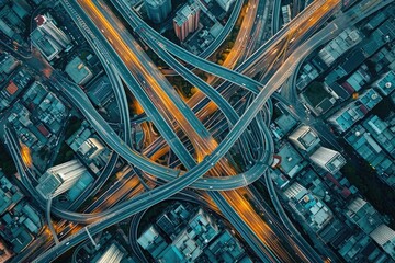 Aerial View of Nighttime Highway Intersection Shows Busy Roadways and City Lights, A maze of city...