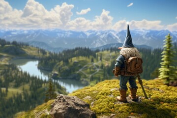 A gnome standing atop a mountain ridge, looking out over a natural landscape of rolling hills, trees and a lake in the distance