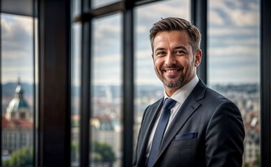 businessman standing with hands crossed and looking at camera happy