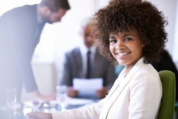 Happiness, employee and black woman with smile in office, portrait and business meeting for...