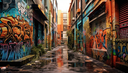 Narrow streets in the city, full of colorful painted murals and graffiti. - obrazy, fototapety, plakaty