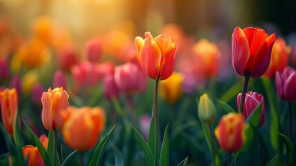 Vibrant tulips swaying gently in the breeze, their hues a symphony of springtime joy.