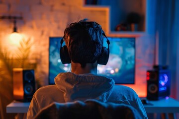 Back view of Gamer playing online video game on his powerful personal computer at home.