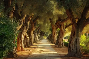 Fototapeten A picturesque road meandering through a serene landscape, surrounded by a row of towering trees, A mesmerizing olive tree corridor in an old city park, AI Generated © Iftikhar alam