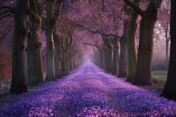 A breathtaking image showcasing a serene road lined with majestic trees covered in vibrant purple...