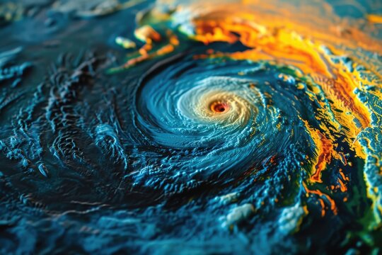 Witness the raw power of nature in this close-up photograph capturing a raging hurricane in the ocean, A meteorological map showing a vortex of a powerful storm, AI Generated