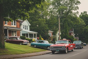 A row of cars parked on the side of the road, creating a monotonous and orderly scene, A mid-century American neighborhood with classic cars lined up, AI Generated