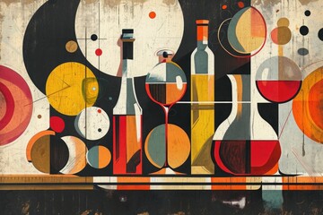 A vibrant painting of assorted bottles and glasses arranged on a table, capturing the essence of a festive gathering, A mid-century modern depiction of a liquid assets, AI Generated