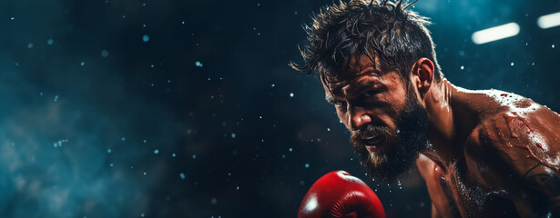 Portrait of a brutal dark-haired boxer with a beard in the ring, sweat dripping from his face. Dark blurred background. Panoramic banner with copy space, boxing