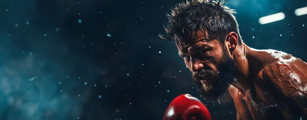 Foto op Plexiglas Portrait of a brutal dark-haired boxer with a beard in the ring, sweat dripping from his face. Dark blurred background. Panoramic banner with copy space, boxing © Olga
