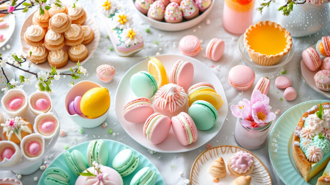 Festive Easter Dessert Spread with Pastel Macarons