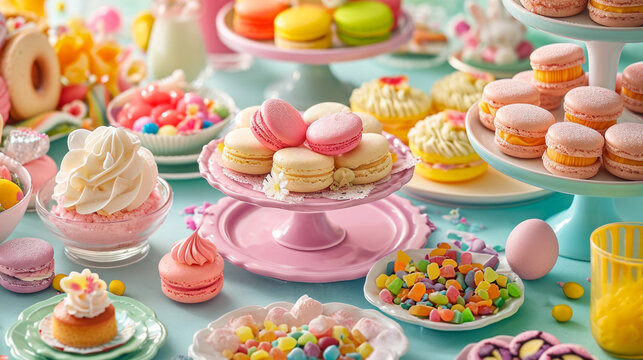 Festive Easter Dessert Spread with Pastel Macarons