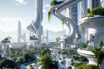 Futuristic Cityscape With Towering Skyscrapers and High-Tech Structures, A modern city with a mix of futuristic architecture and green parks, AI Generated - obrazy, fototapety, plakaty