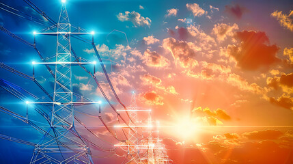 Energy and Electricity Transmission, Industrial Power Lines and Towers, Engineering and Infrastructure Concept