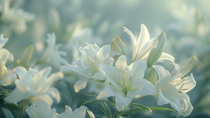 Exquisite white lilies bathed in soft morning light, exuding an aura of ethereal beauty.