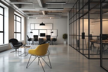 A room with ample natural light and numerous chairs, A modern open-concept office with glass dividers, AI Generated