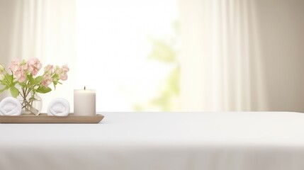 white table for mockup with a blurred elegant spa room in the background