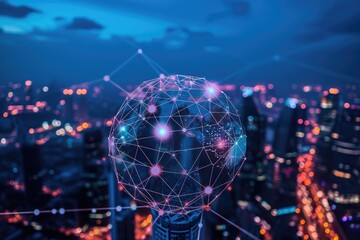 A persons head is illuminated in the foreground of a bustling city at night, creating a captivating contrast, A modernized globe monitored and maintained by blockchain technology, AI Generated - obrazy, fototapety, plakaty