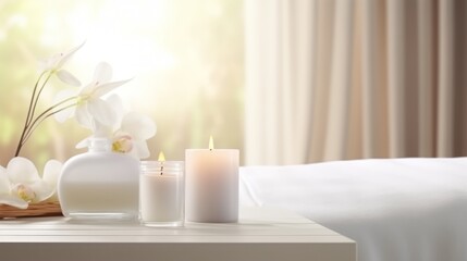 Fototapeta na wymiar white table for mockup with a blurred elegant spa room in the background