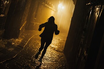 A woman walking down a dimly lit street at night. Generative AI