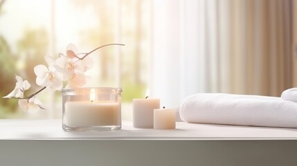 Fototapeta na wymiar white table for mockup with a blurred elegant spa room in the background