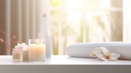 white table for mockup with a blurred elegant spa room in the background - obrazy, fototapety, plakaty