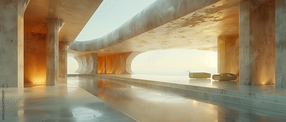 Aufkleber the rendering is of an abstract futuristic architecture with concrete flooring. the presentation is 